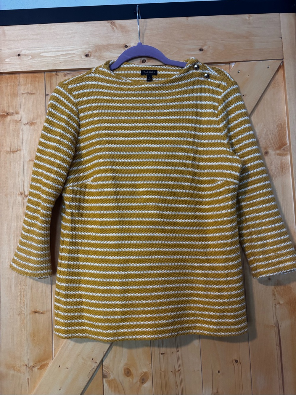 Talbots Mustard Yellow White Striped Knit‎ Boatneck Top M Women’s